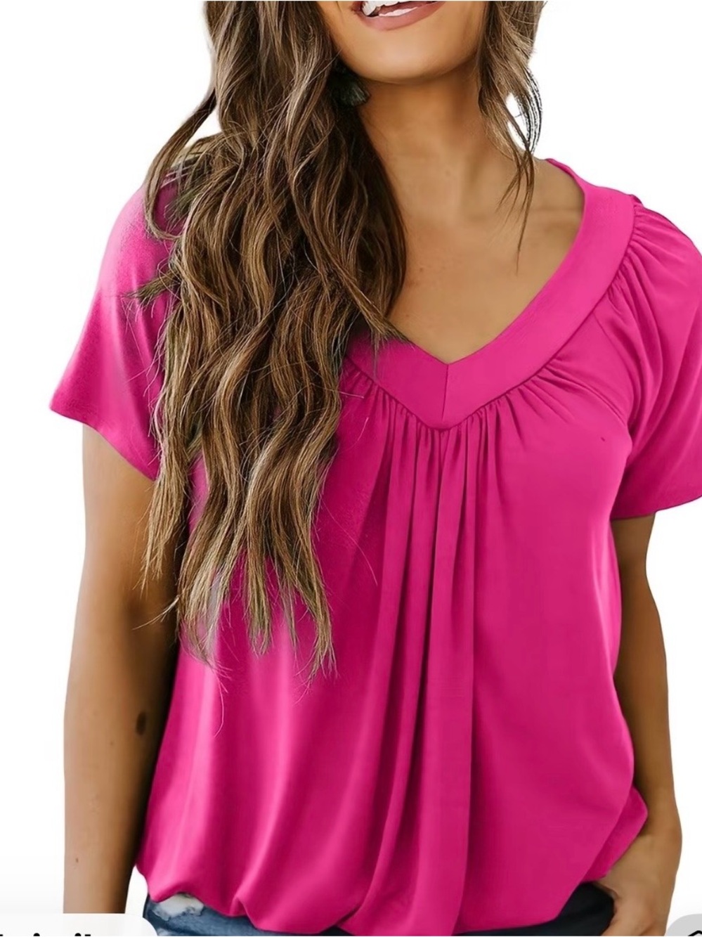 Women’s V-Neck Pleated Blouse in Hot Pink